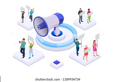 Isometric crowd of people protesters. Male and female protesters or activists. Holding banners and placards. Men and women taking part in political meeting, parade or rally. Vector illustration