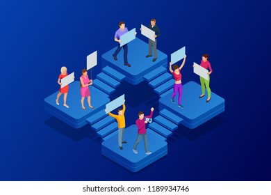 Isometric crowd of people protesters. Male and female protesters or activists. Holding banners and placards. Men and women taking part in political meeting, parade or rally. Vector illustration