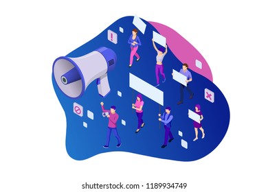 Isometric crowd of people protesters. Male and female protesters or activists. Holding banners and placards. Men and women taking part in political meeting, parade or rally. Vector illustration