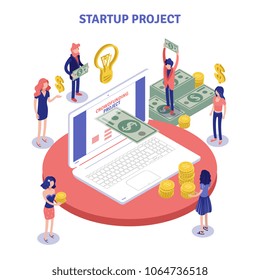 Isometric crowdfunding composition with human characters of investing public and laptop computer with bank notes and coins vector illustration