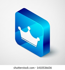 Isometric Crown icon isolated on white background. Blue square button. Vector Illustration