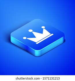Icono de la Corona isométrica aislado en fondo azul. Botón cuadrado azul. Ilustración vectorial