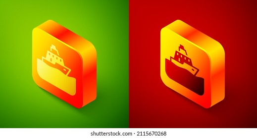 Isometric Cruise ship icon isolated on green and red background. Travel tourism nautical transport. Voyage passenger ship, cruise liner. Worldwide cruise. Square button. Vector