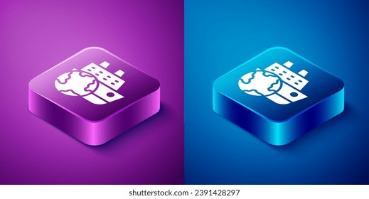 Isometric Cruise ship icon isolated on blue and purple background. Travel tourism nautical transport. Voyage passenger ship, cruise liner. Worldwide cruise. Square button. Vector