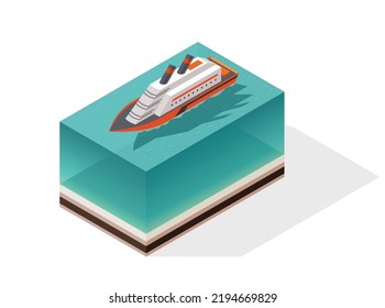 Isometric cruise ship. Passenger transportation by water. Vector isometric icon or infographic element. Ocean transport