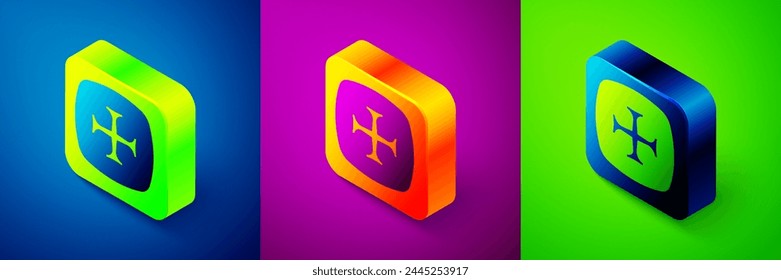 Icono de cruzada isométrica aislado sobre fondo azul, púrpura y verde. Botón cuadrado. Vector