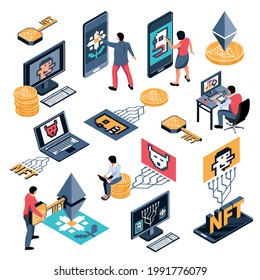 Isometric Crypto Art Nft Set With Isolated Icons Of Valuable Cultural Artefacts Being Bought And Sold Vector Illustration