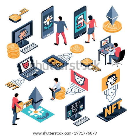 Isometric crypto art nft set with isolated icons of valuable cultural artefacts being bought and sold vector illustration