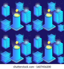 Isometric crypto currency mining concept pattern, block chain technology, token system networking