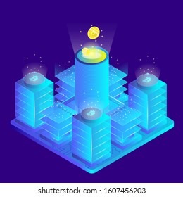 Isometric crypto currency mining concept illustration, block chain technology, token system networking,