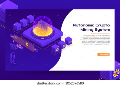 Isometric crypto mining concept banner. Concept of cryptocurrency mining. Vector Illustration with robotic organism.