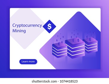 Isometric crypto mining concept banner. Concept of cryptocurrency mining. Vector Illustration with robotic organism