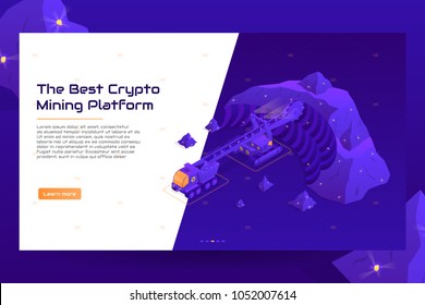 Isometric crypto mining concept web banner. Concept of cryptocurrency mining. Vector Illustration with digital technology field with vehicles.