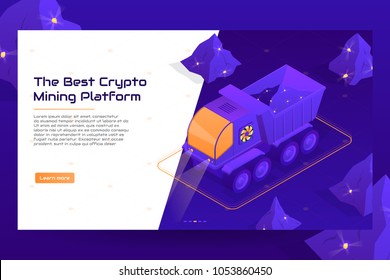Isometric crypto mining concept web banner with truck. Concept of cryptocurrency mining with heavy machine. Vector Illustration with digital technology field.