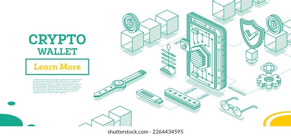 Isometric Crypto Wallet Connected to Blockchain. Cryptocurrency Industry. Outline Concept of Blockchain Technology with Cubes. Vector Illustration.