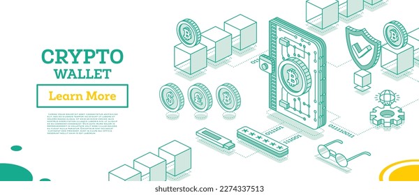 Cartera criptográfica isométrica conectada a Blockchain. Industria de la criptodivisa Concepto de esquema de la tecnología Blockchain con cubos. Ilustración vectorial.