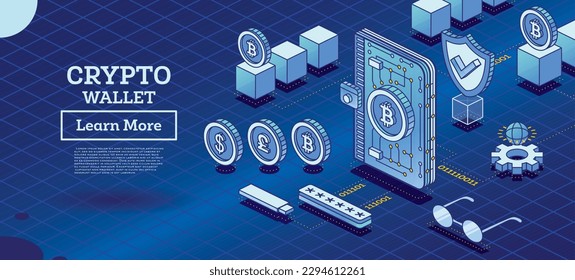 Cartera criptográfica isométrica conectada a Blockchain. Industria de la criptodivisa Concepto de esquema de la tecnología Blockchain con cubos. Ilustración vectorial.