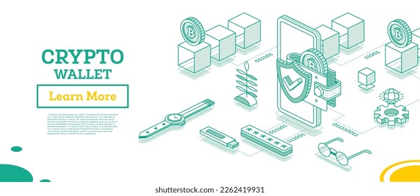 Billetera criptográfica isométrica conectada con Smartphone. Industria de la criptodivisa Concepto de esquema de la tecnología Blockchain con bitcoins y cubos. Ilustración vectorial.