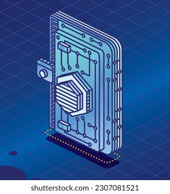 Isometric Crypto Wallet with Cryptocurrency. Outline Detailed Icon for Cryptocurrency Storage App. Blockchain Technology. Vector Illustration. Web 3 Object.