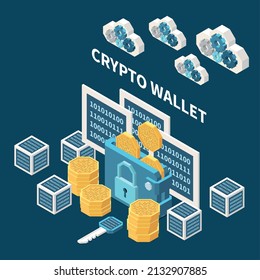 Isometric crypto wallet security composition with 3d coins lock clouds access key 3d vector illustration