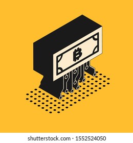 Isometric Cryptocurrency bitcoin in circle with microchip circuit icon isolated on yellow background. Blockchain technology, digital money market.  Vector Illustration
