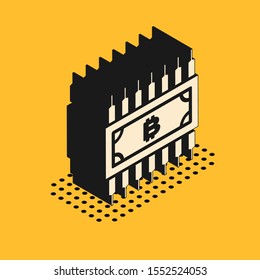 Isometric Cryptocurrency bitcoin in circle with microchip circuit icon isolated on yellow background. Blockchain technology, digital money market.  Vector Illustration