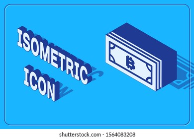 Isometric Cryptocurrency bitcoin in circle with microchip circuit icon isolated on blue background. Blockchain technology, digital money market.  Vector Illustration