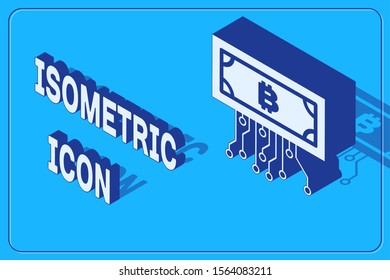 Isometric Cryptocurrency bitcoin in circle with microchip circuit icon isolated on blue background. Blockchain technology, digital money market.  Vector Illustration
