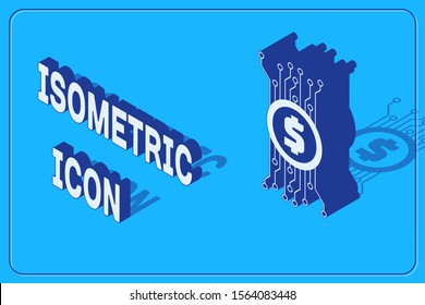Isometric Cryptocurrency bitcoin in circle with microchip circuit icon isolated on blue background. Blockchain technology, digital money market.  Vector Illustration