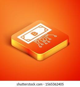 Isometric Cryptocurrency bitcoin in circle with microchip circuit icon isolated on orange background. Blockchain technology, digital money market.  Vector Illustration