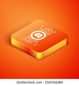 Isometric Cryptocurrency bitcoin in circle with microchip circuit icon isolated on orange background. Blockchain technology, digital money market.  Vector Illustration