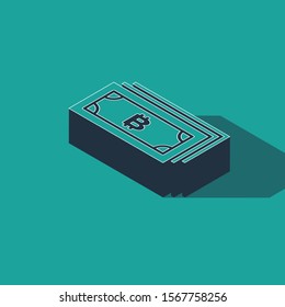 Isometric Cryptocurrency bitcoin in circle with microchip circuit icon isolated on green background. Blockchain technology, digital money market.  Vector Illustration