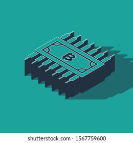 Isometric Cryptocurrency bitcoin in circle with microchip circuit icon isolated on green background. Blockchain technology, digital money market.  Vector Illustration