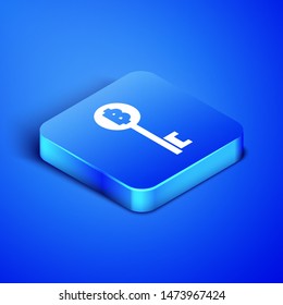 Isometric Cryptocurrency Bitcoin key icon isolated on blue background. Concept of cyber security or digital key with technology interface. Blue square button. Vector Illustration
