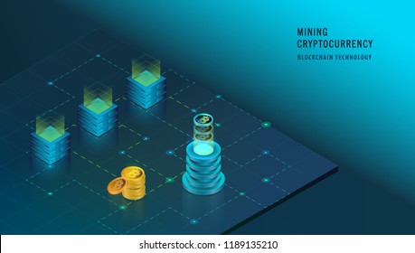 Isometric Cryptocurrency and Blockchain concept. Farm for mining bitcoins. Digital money market, investment, finance and trading. Hi tech technology. Perfect for web design, banner and presentation. 