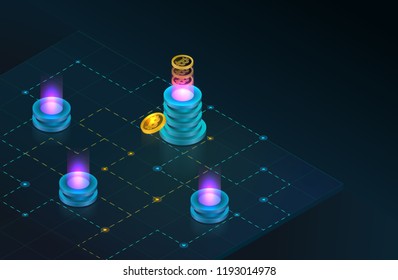 Isometric Cryptocurrency and Blockchain concept. Farm for mining bitcoins. Digital money market, investment, finance and trading. Hi tech technology. Perfect for web design, banner and presentation. 