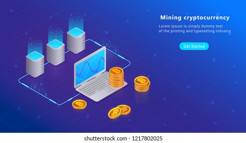Isometric Cryptocurrency and Blockchain concept. Farm for mining bitcoins. Digital money market, investment, finance and trading. Hi tech technology. Landing page web design, banner and presentation. 