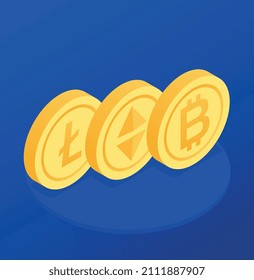 Isometric cryptocurrency blockchain concept with three 3d coins on blue background vector illustration