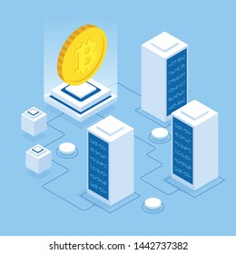 Isometric cryptocurrency business people miner and coins concept. Bitcoin cryptocurrency mining farm. Cryptocurrency editable banner template.