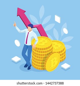 Isometric cryptocurrency business people miner and coins concept. Bitcoin cryptocurrency mining farm. Cryptocurrency editable banner template.
