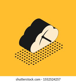Isometric Cryptocurrency cloud mining icon isolated on yellow background. Cloud with pickaxe, bitcoin, digital money market, cryptocoin wallet.  Vector Illustration