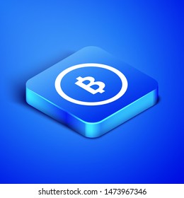 Isometric Cryptocurrency coin Bitcoin icon isolated on blue background. Physical bit coin. Blockchain based secure crypto currency. Blue square button. Vector Illustration