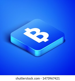 Isometric Cryptocurrency coin Bitcoin icon isolated on blue background. Physical bit coin. Blockchain based secure crypto currency. Blue square button. Vector Illustration