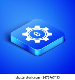 Isometric Cryptocurrency coin Bitcoin icon isolated on blue background. Gear and Bitcoin setting. Blockchain based secure crypto currency. Blue square button. Vector Illustration
