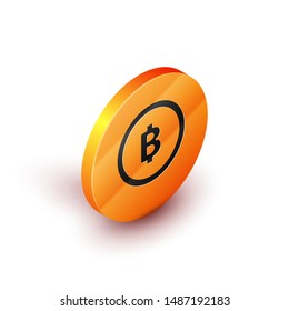 Isometric Cryptocurrency coin Bitcoin icon isolated on white background. Physical bit coin. Blockchain based secure crypto currency. Orange circle button. Vector Illustration