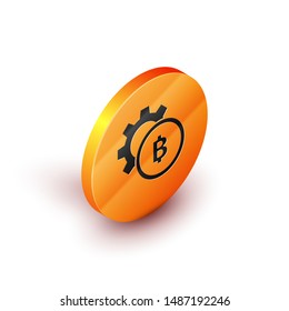 Isometric Cryptocurrency coin Bitcoin icon isolated on white background. Gear and Bitcoin setting. Blockchain based secure crypto currency. Orange circle button. Vector Illustration