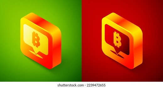 Isometric Cryptocurrency coin Bitcoin icon isolated on green and red background. Physical bit coin. Blockchain based secure crypto currency. Square button. Vector