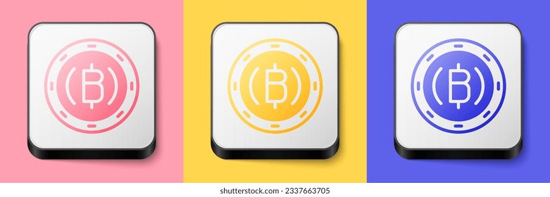 Isometric Cryptocurrency coin icono de bitcoin aislado en fondo rosa, amarillo y azul. Moneda de bit física. Moneda criptográfica segura basada en Blockchain. Botón cuadrado. Vector