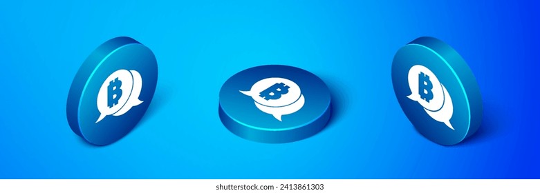 Isometric Cryptocurrency coin icono de bitcoin aislado en fondo azul. Moneda de bit física. Moneda criptográfica segura basada en Blockchain. Botón de círculo azul. Vector