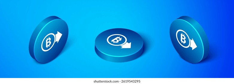 Isometric Cryptocurrency coin Bitcoin icon isolated on blue background. Physical bit coin. Blockchain based secure crypto currency. Blue circle button. Vector